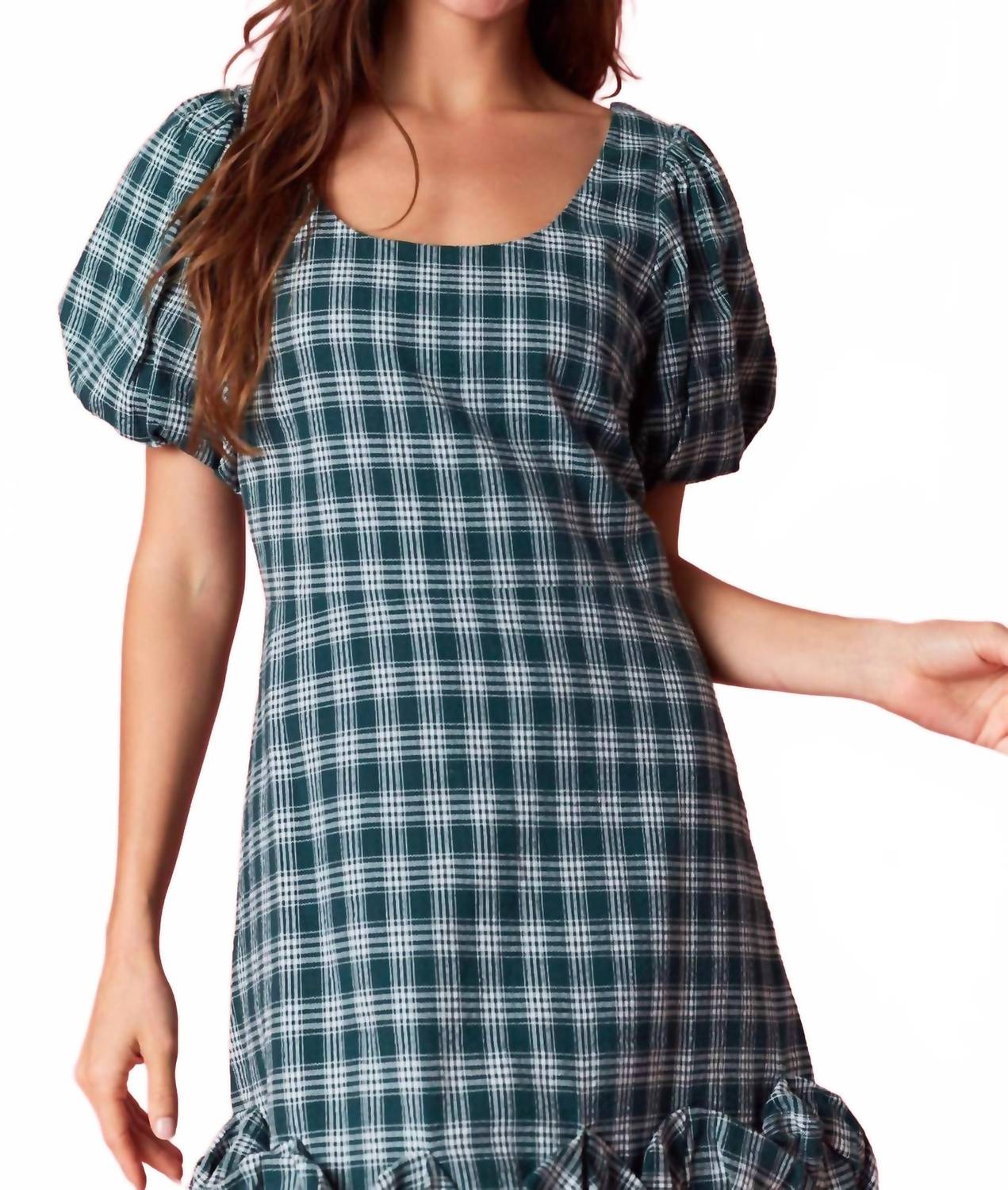 Peach Love Plaid Puff Ruffle Open Back Mini Dress in dark hunter green - women's dress - view 4