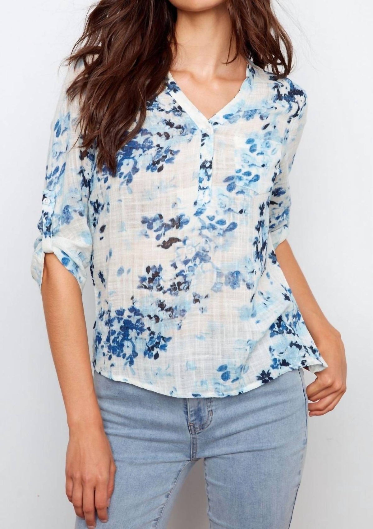 CHARLIE B Roll Up Sleeve Cotton Gauze Top in meadow - women's blouse - detail view
