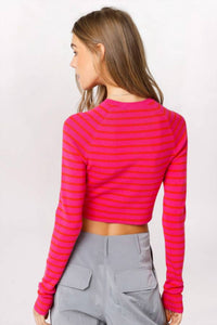 OLIVACEOUS Striped Rib Knit Crop Top in fuchsia orange - women's shirt - alternate view