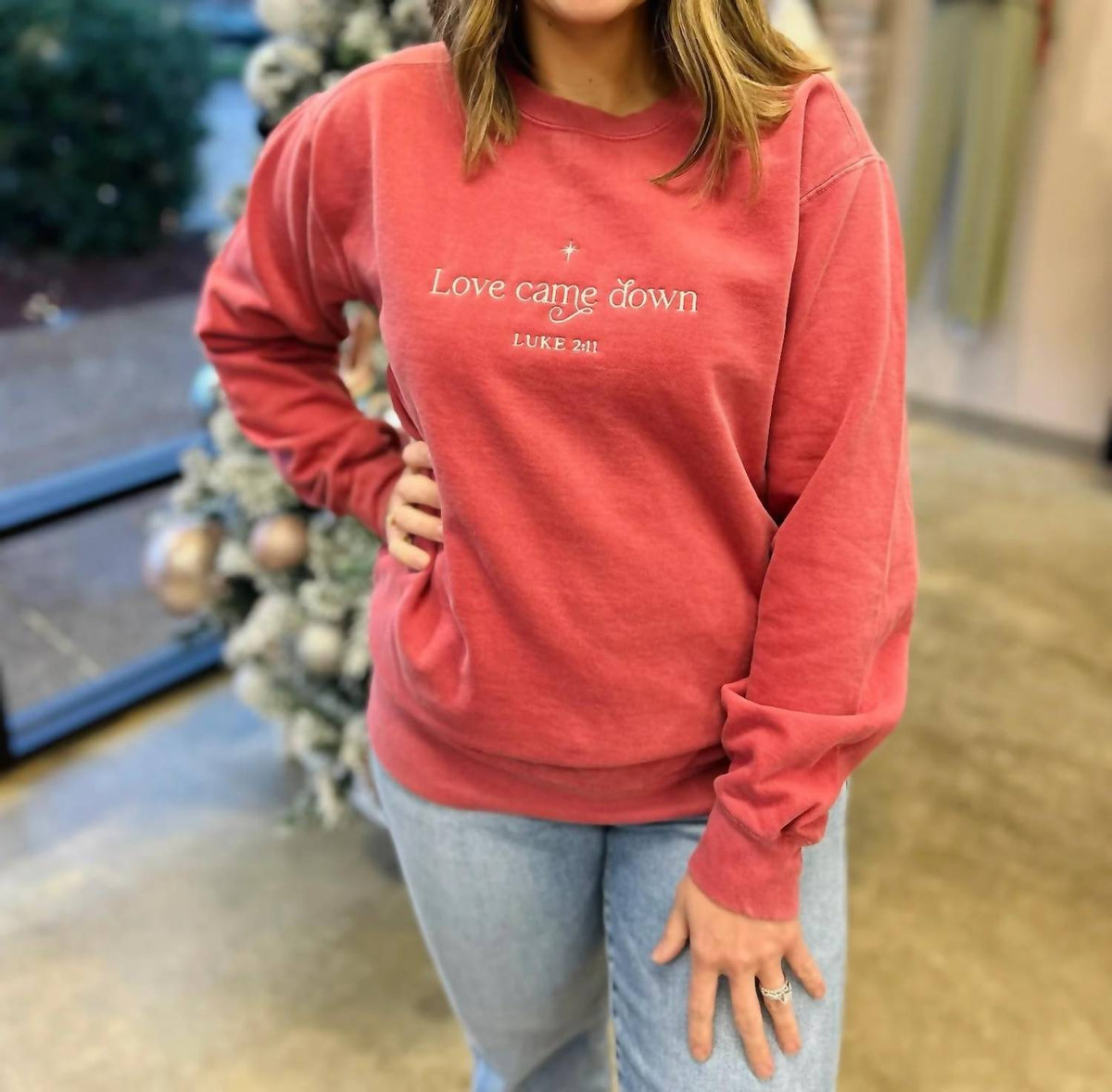 Scripted Pearl - Love Came Down Embroidered Comfort Colors Crewneck Sweater