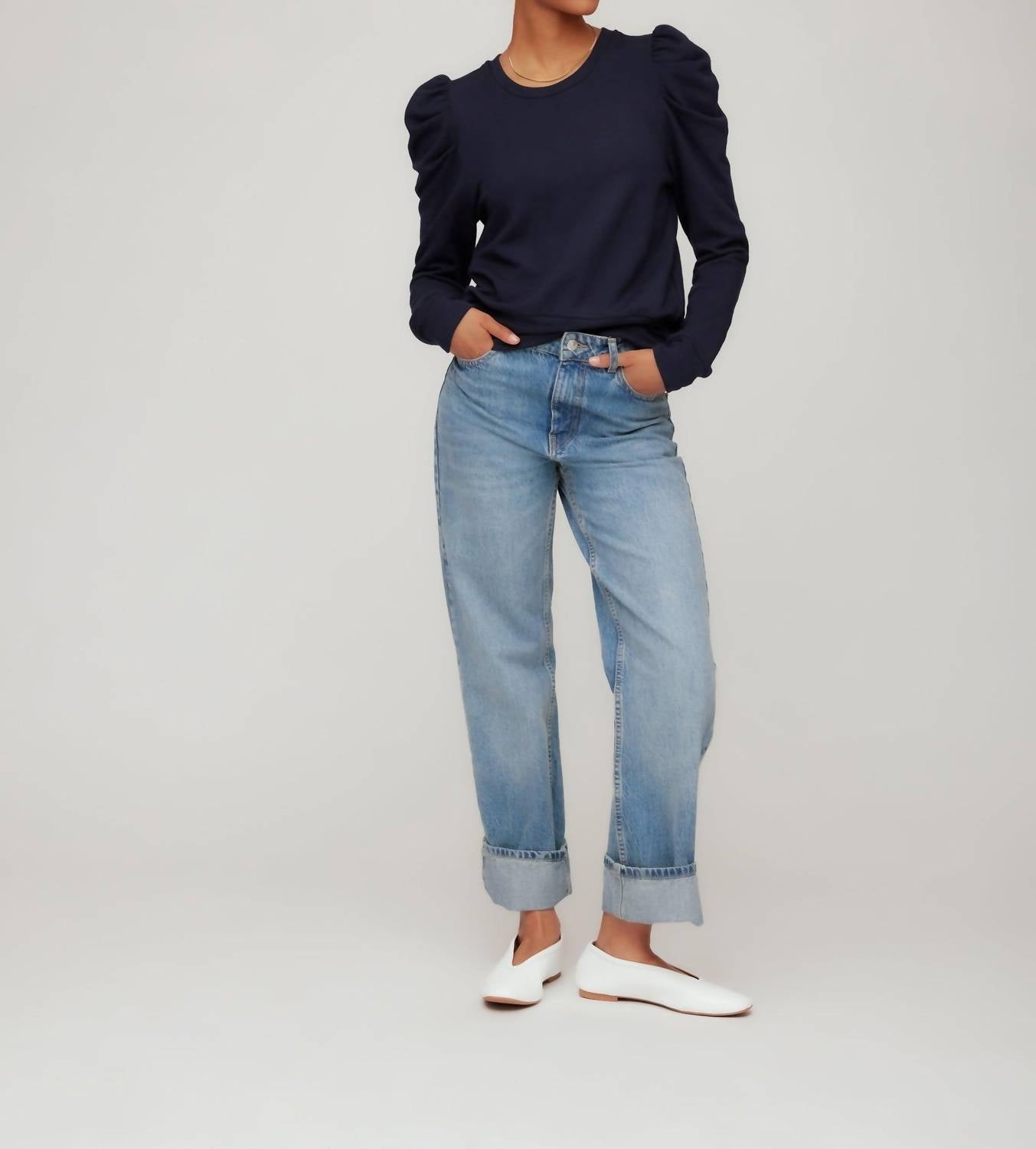 Fifteen Twenty Leila Puff Sleeve Top in navy - women's long sleeve top