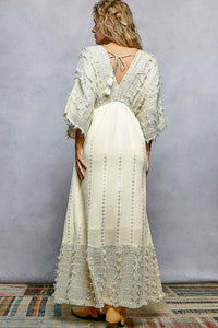 Pol - V-neck Wood Bead Tassel Tie Linen Maxi Dress