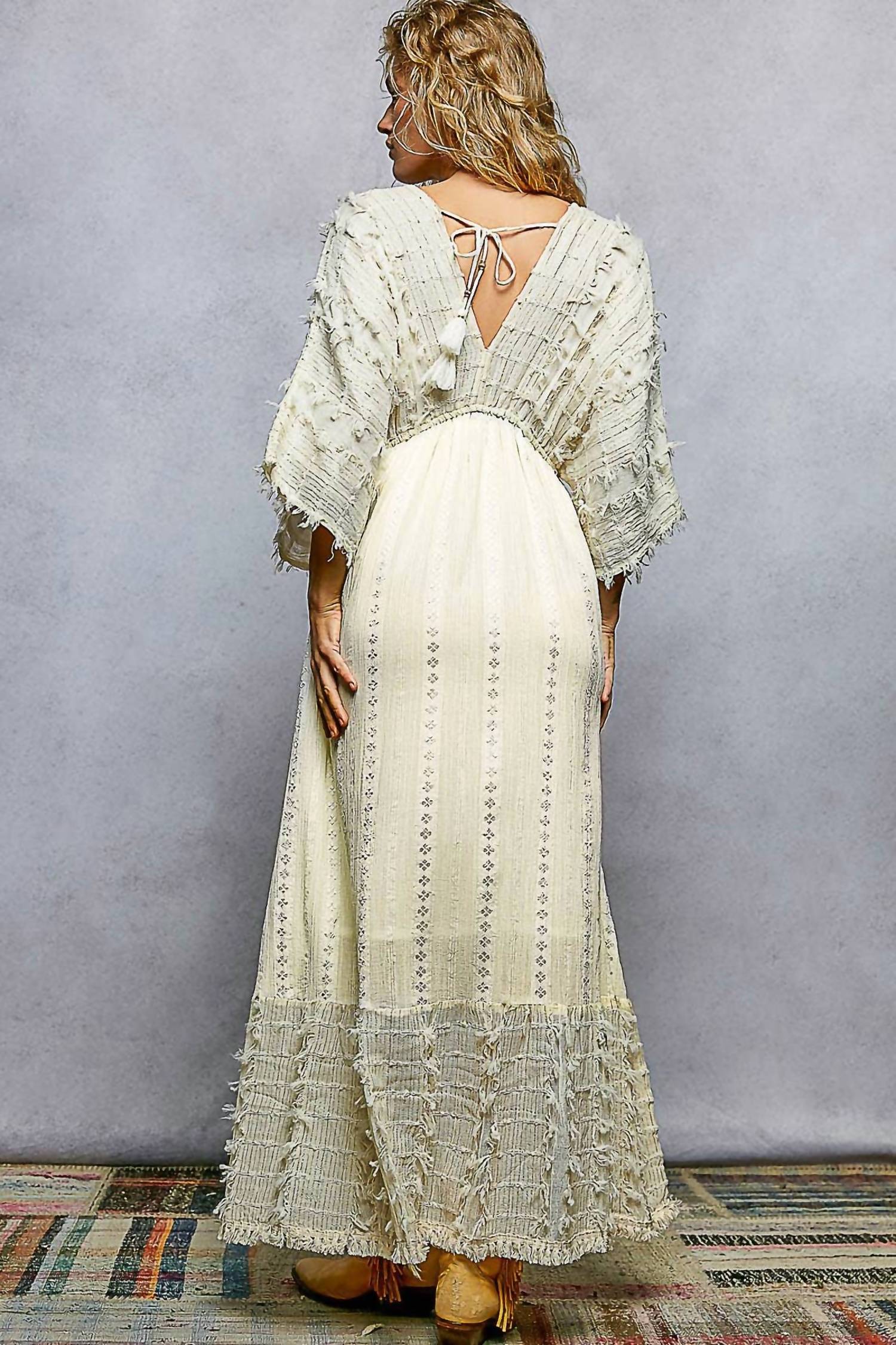 Pol - V-neck Wood Bead Tassel Tie Linen Maxi Dress