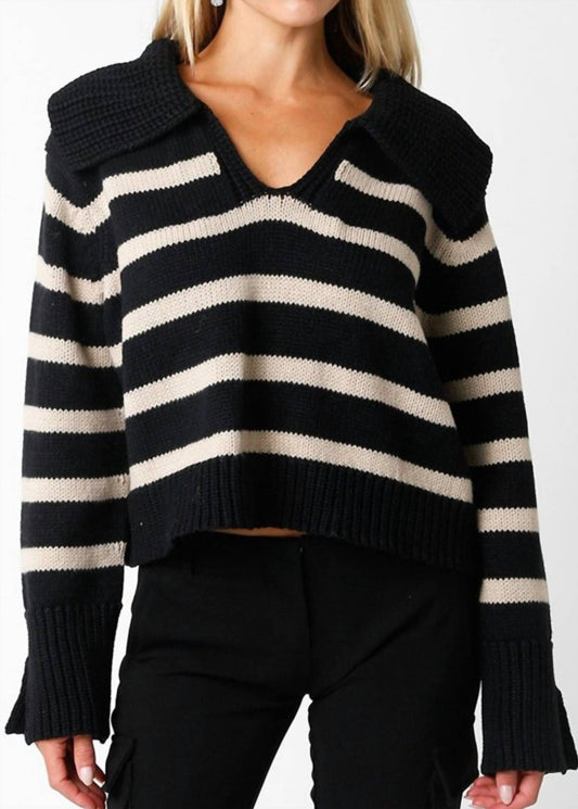 Olivaceous - Drama Collar Stripe Sweater