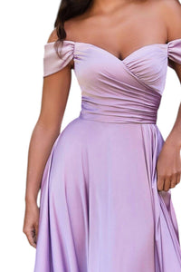 Cinderella Divine - Long Off Shoulder A-line Satin Gown Dress