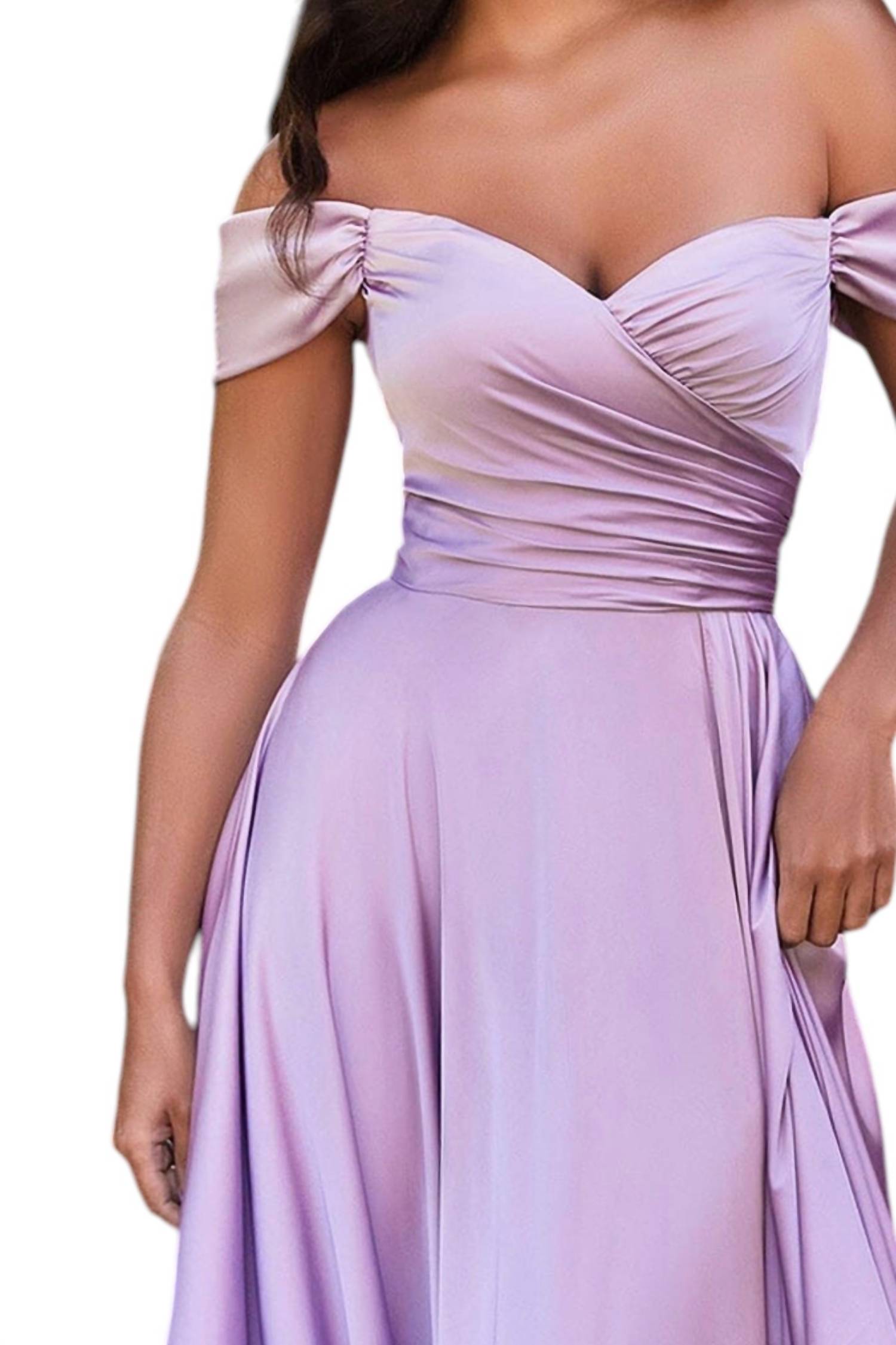 Cinderella Divine - Long Off Shoulder A-line Satin Gown Dress