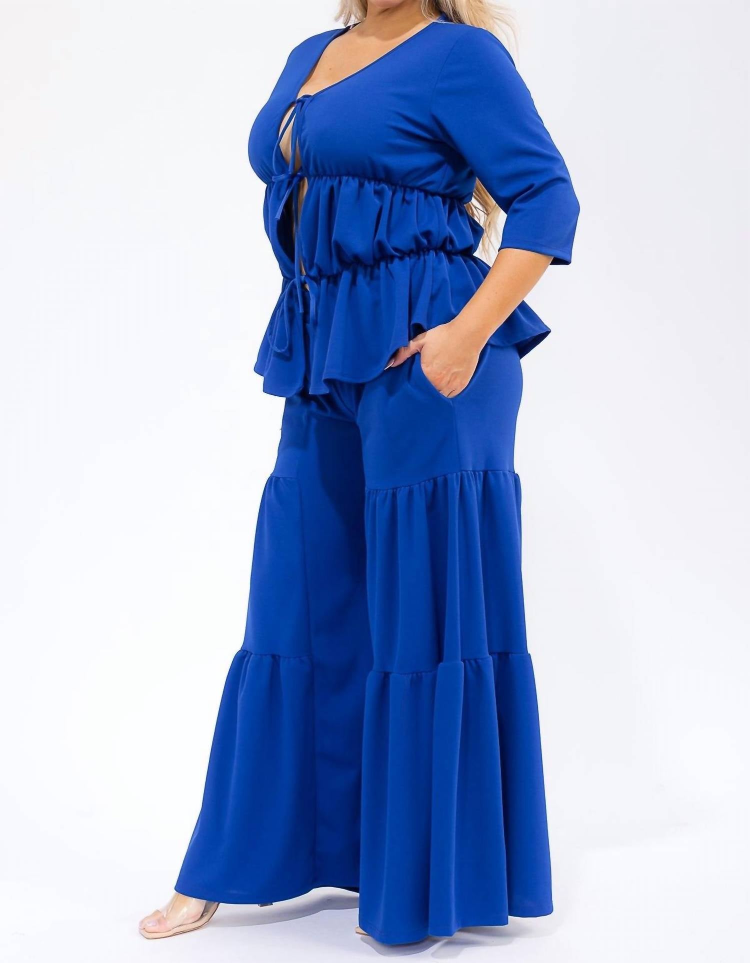 Karen T Design - Hollow Lace Up Top And Spliced Wide Leg Pants