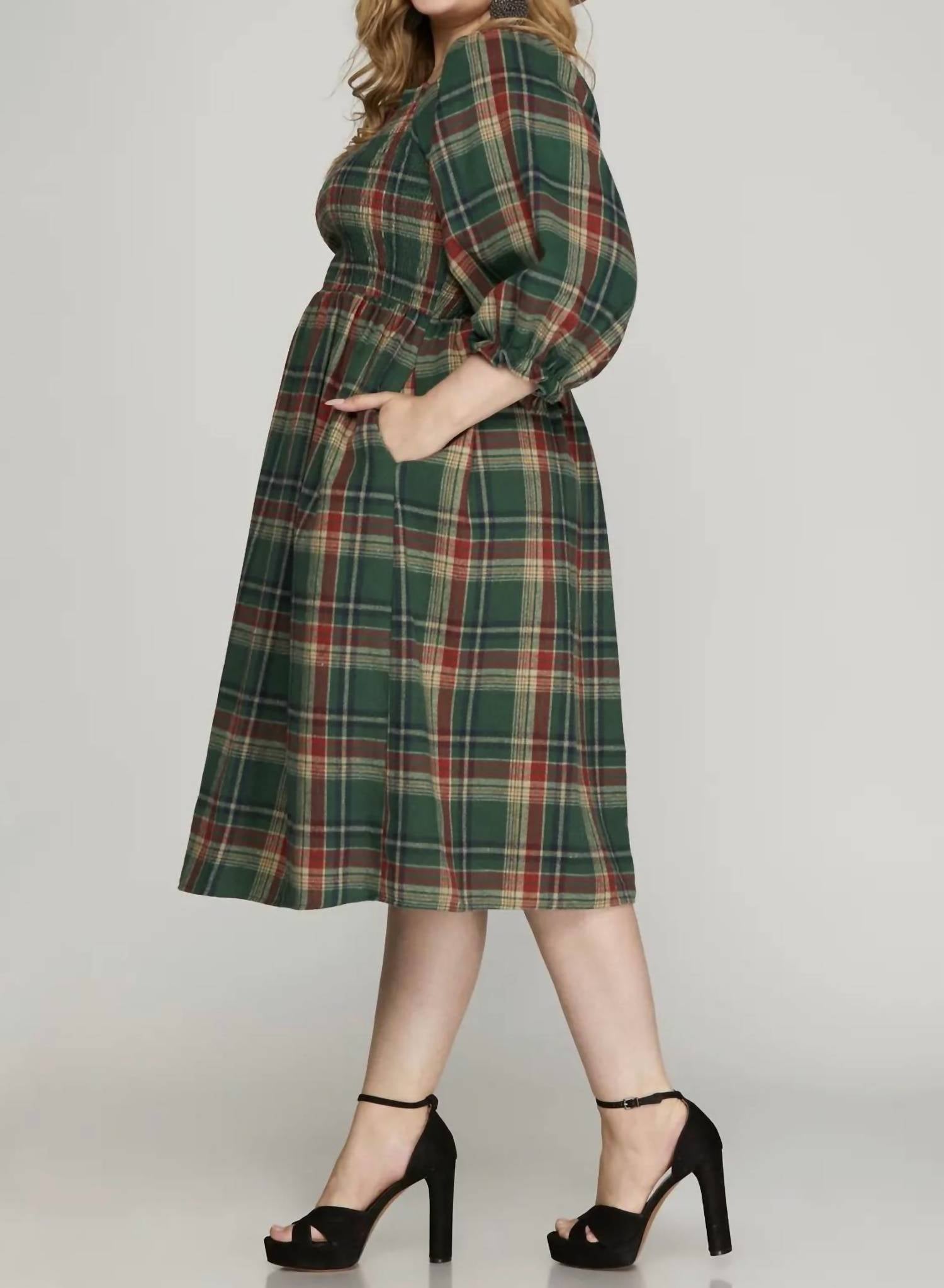 She + Sky - Plaid Smocked Midi Dress - Plus