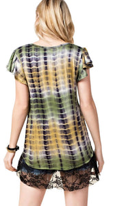 Vocal Apparel - TIE DYE SHORT SLEEVE LACE DETAIL TOP