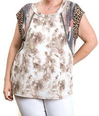 Ces Femme Tie Dye & Leopard Short Sleeve Top in tan - women's blouse - detail view