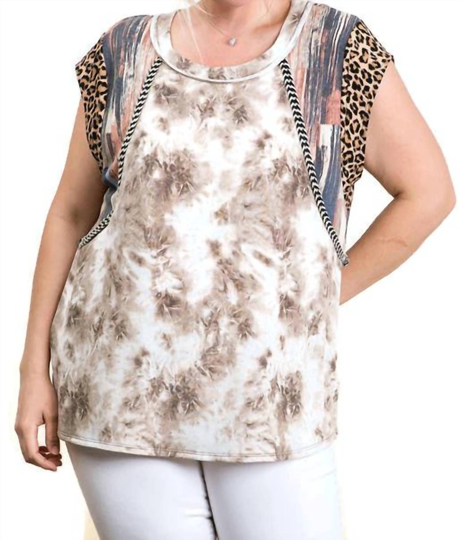 Ces Femme Tie Dye & Leopard Short Sleeve Top in tan - women's blouse - detail view