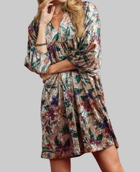 Umgee - Velvet Floral Print Balloon Sleeve Short Dress
