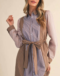 En Merci - Button Up Mixed Stripe Shirt Dress With Belt