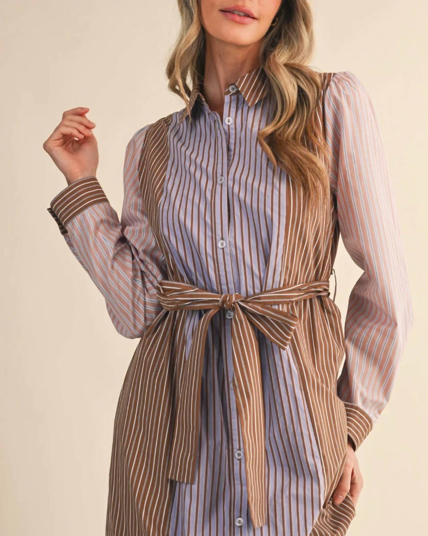 En Merci - Button Up Mixed Stripe Shirt Dress With Belt
