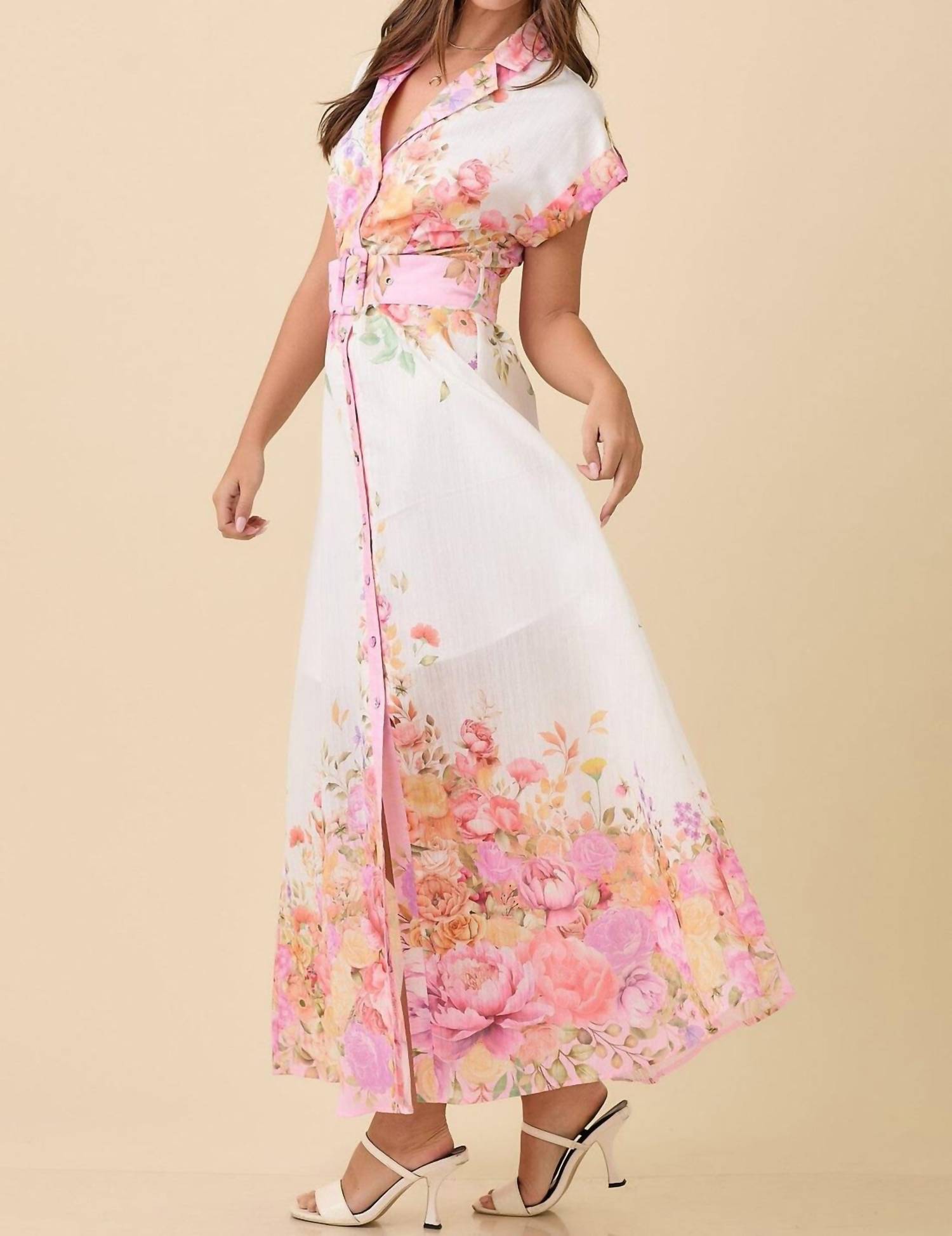 Main Strip - Floral Print Lapel Collar Button Down Maxi Dress