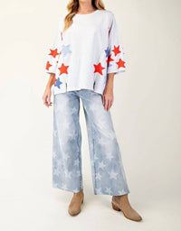 Easel - Soft Washed Star Patches Terry Knit Pullover Sweater