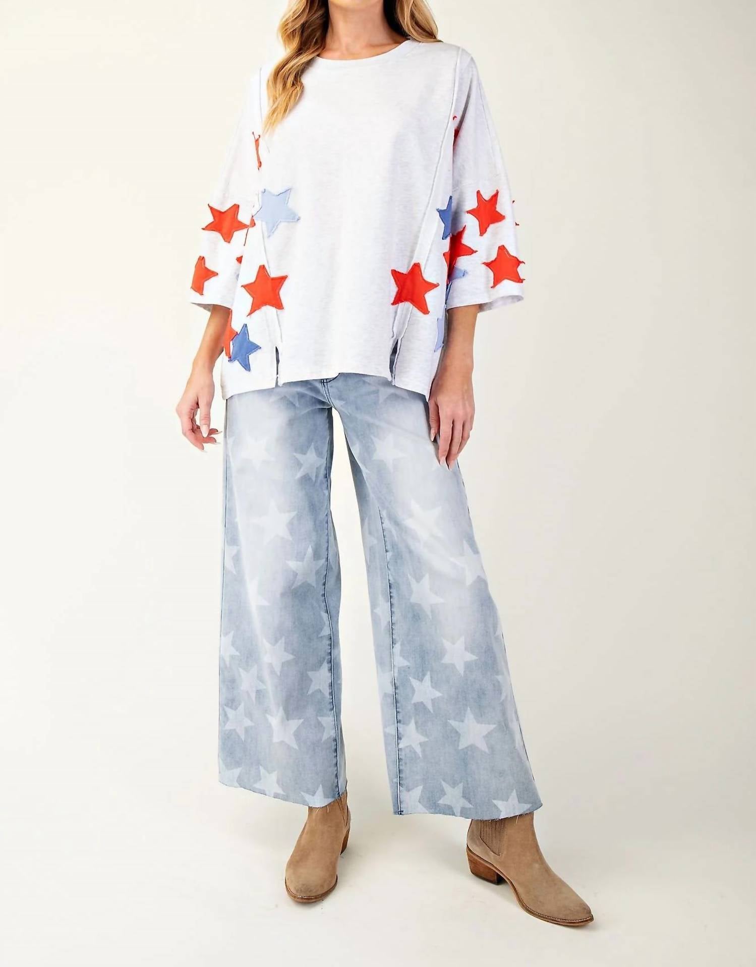 Easel - Soft Washed Star Patches Terry Knit Pullover Sweater