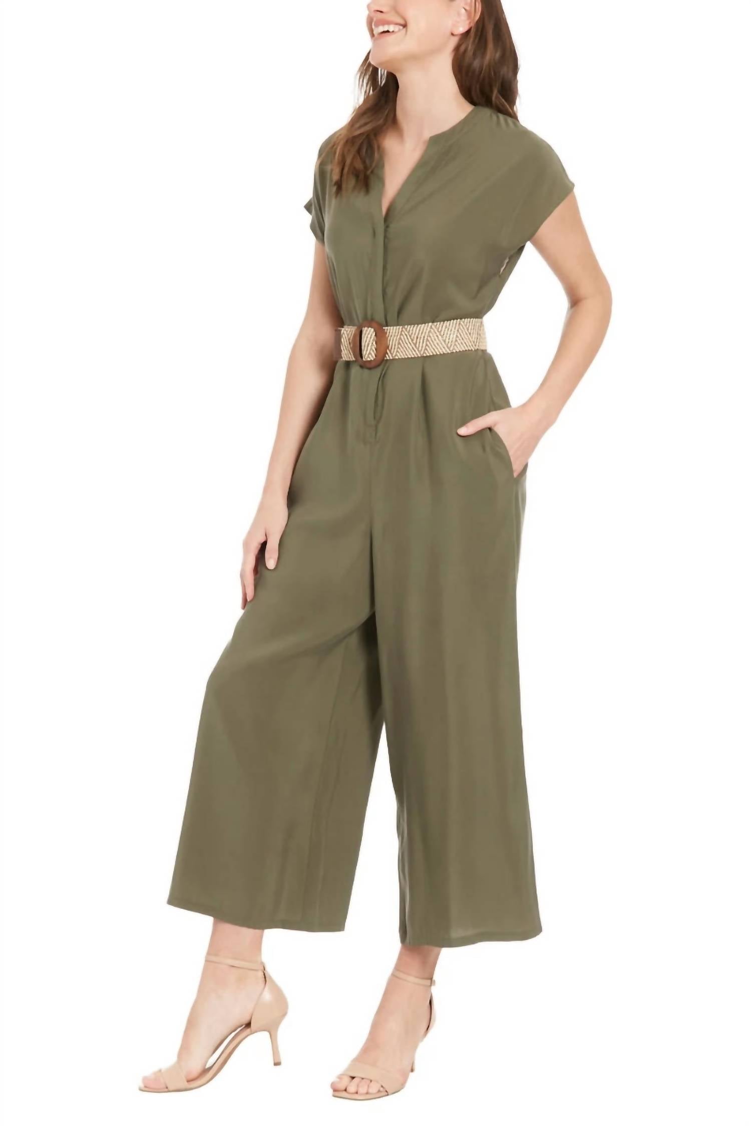 London Times - Belted Wide Leg With Side Pockets Jumpsuit