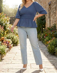 She + Sky - Half Bubble Sleeve V-neck Woven Top