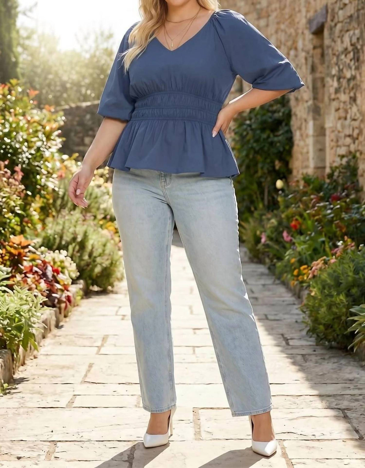She + Sky - Half Bubble Sleeve V-neck Woven Top