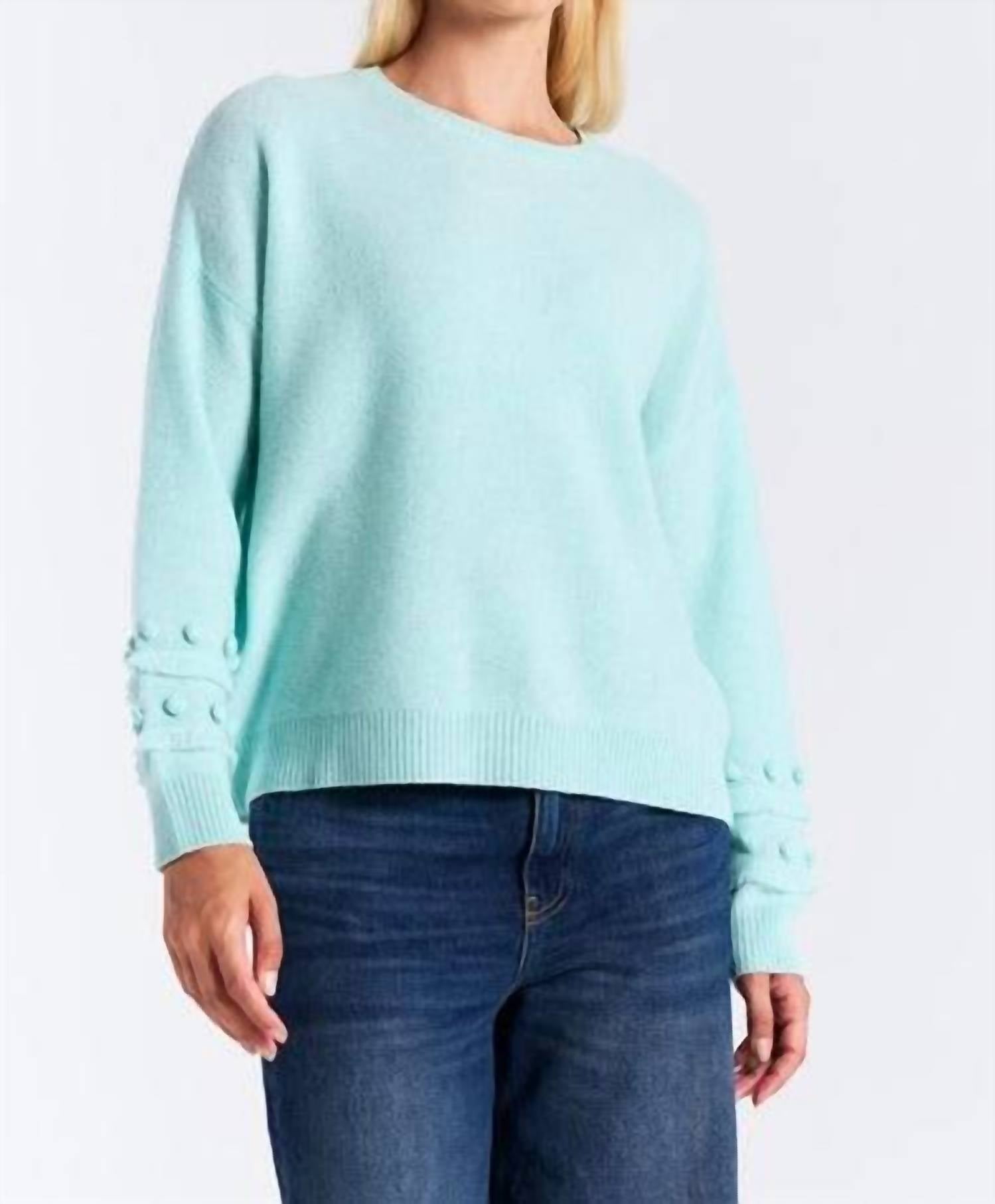 Brodie Cashmere Paula Pom Crew Sweater in aqua - women's sweater