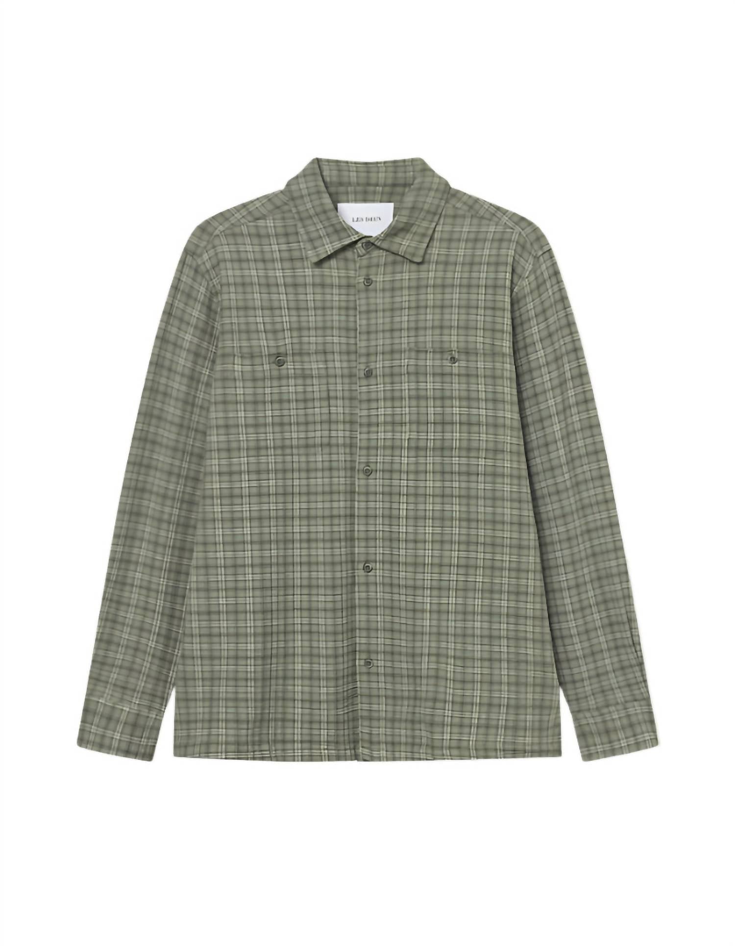 Les Deux John Check Long Sleeve Shirt in olive night - men's shirt - detail view