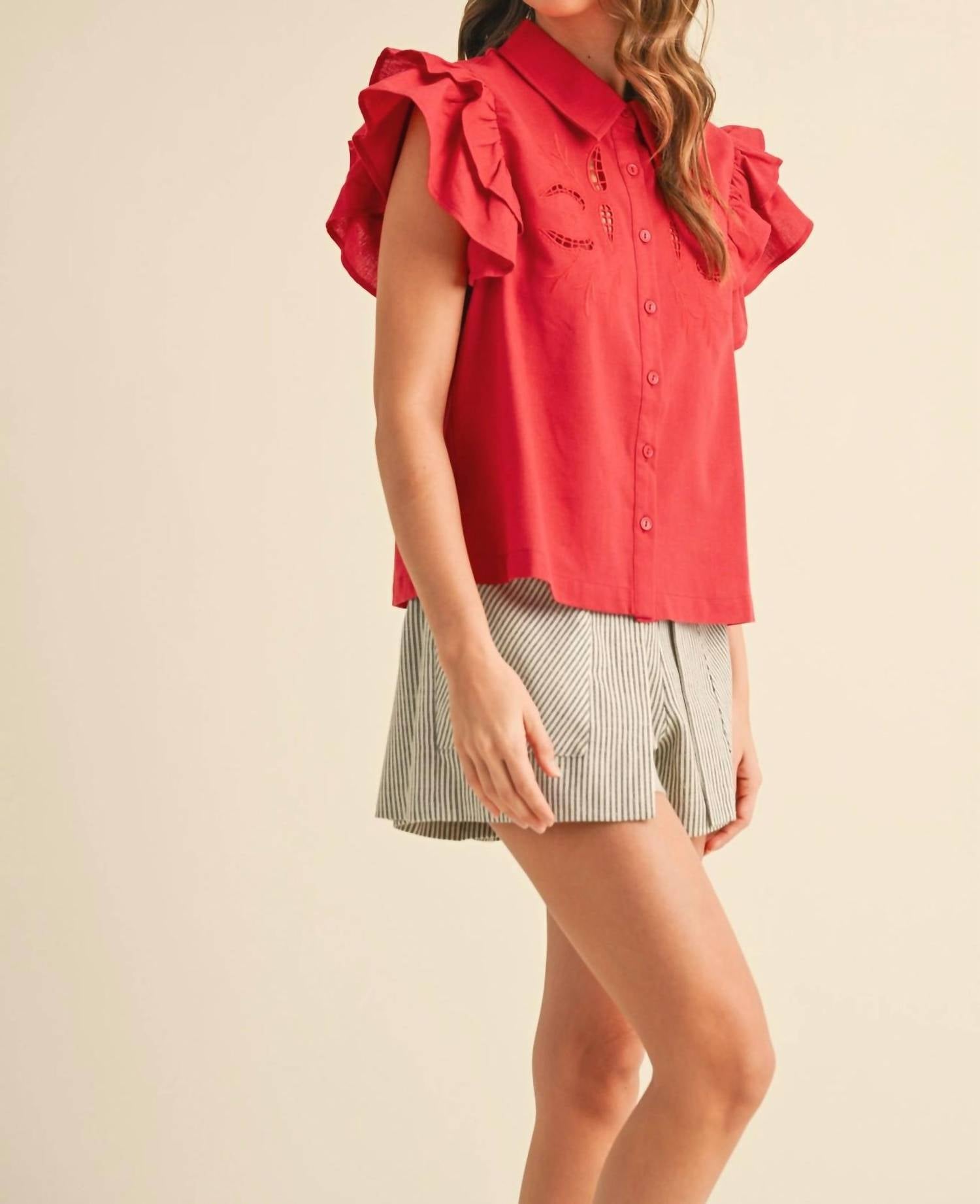 Merci - Embroidered Cut Out Button Down Top