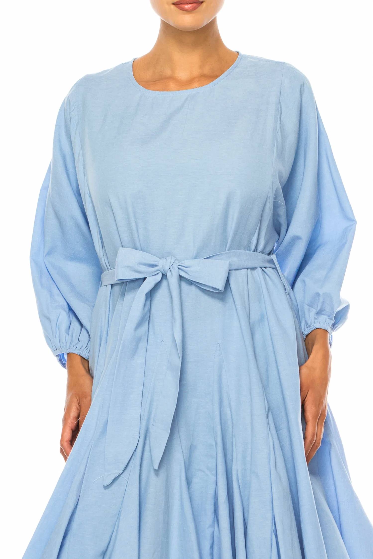 Vivid - Long Sleeve Belted Godet Skirt Flared Dress