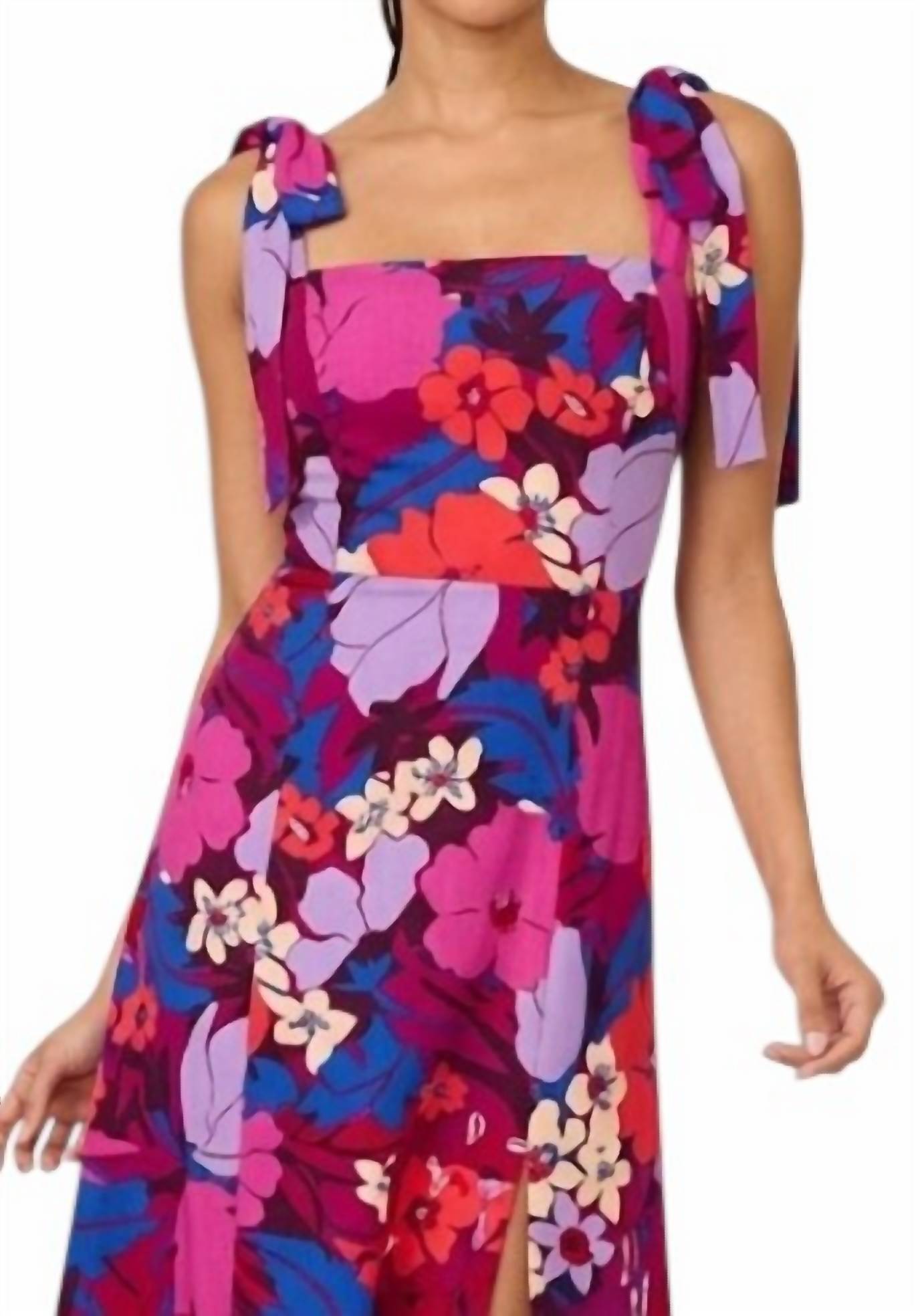 Adrianna Papell Bold Floral Midi Dress in vibrant pink purple - women's dress - detail view