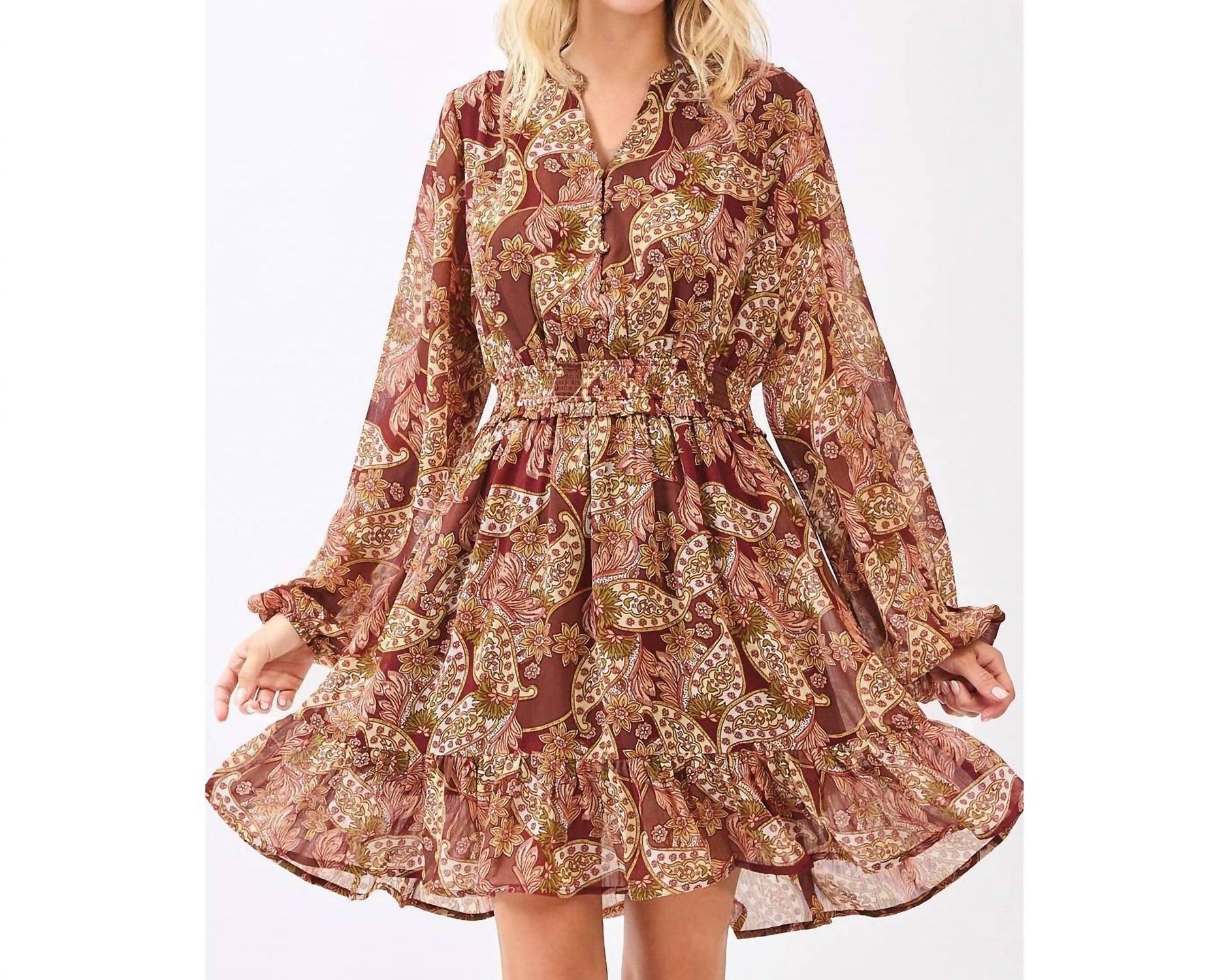 Mittoshop - BOHO PAISLEY PRINT SMOCKED WAIST RUFFLE MINI DRESS