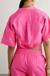 FRAME Cropped Twist Front Top in flamingo pink - women's blouse - alternate view
