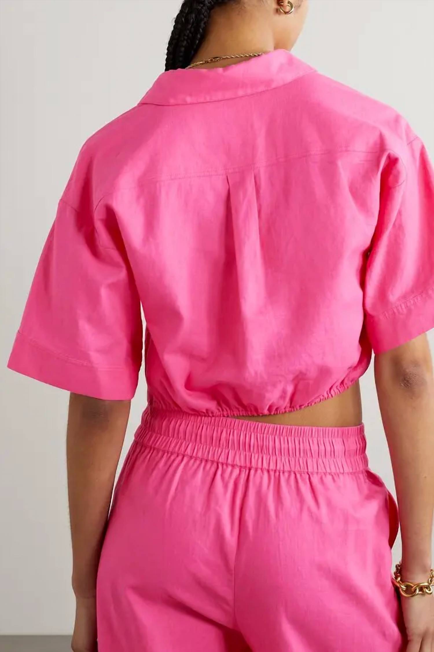 FRAME Cropped Twist Front Top in flamingo pink - women's blouse - alternate view