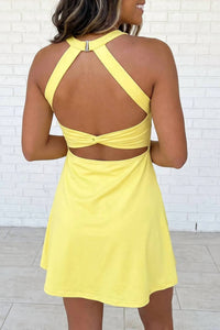 1 The Woman - Women's Aring Back Cutout Halter Dress With Pocket Athletic Shorts