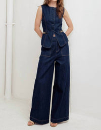 FLYING TOMATO Denim Sleeveless Vest in dark denim - women's jacket