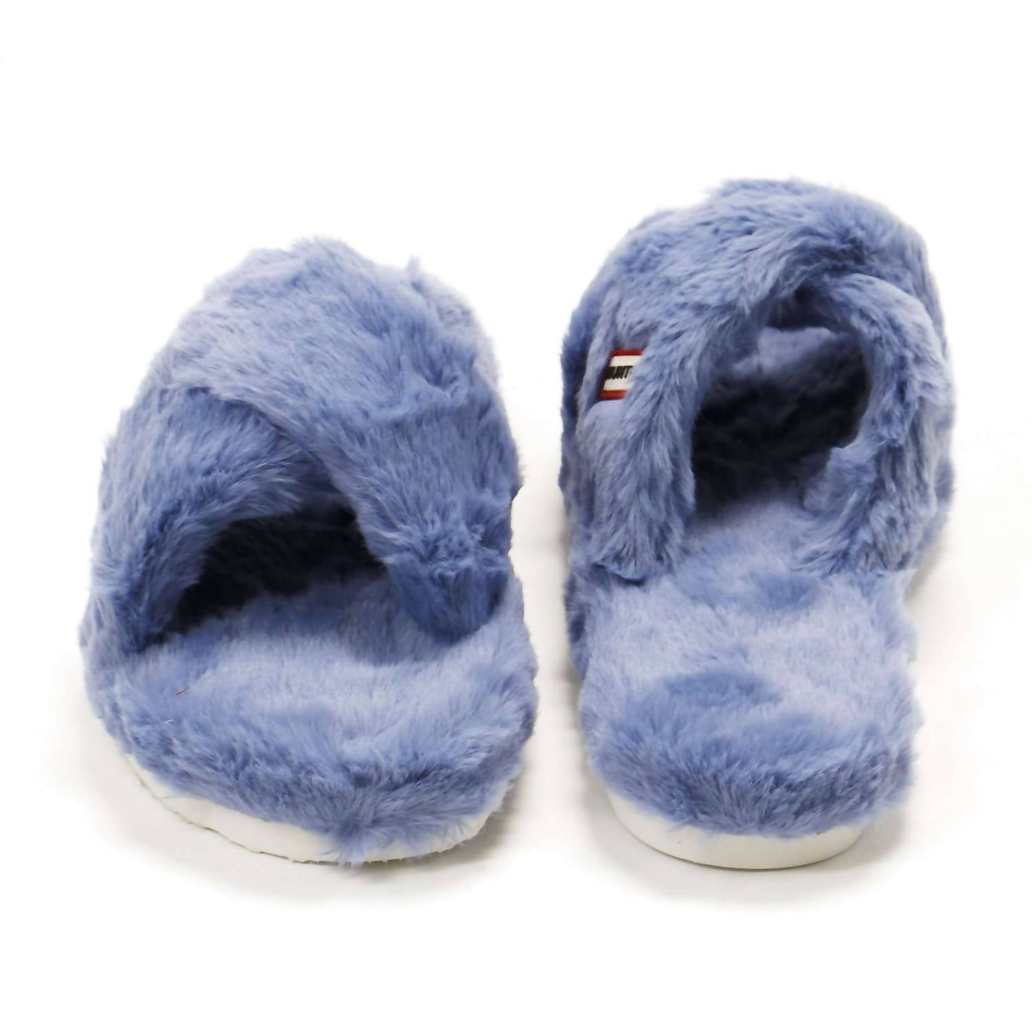 HUNTER Women's Faux Fur Flatform Crossover Slides in stornoway blue - women's shoe - view 4