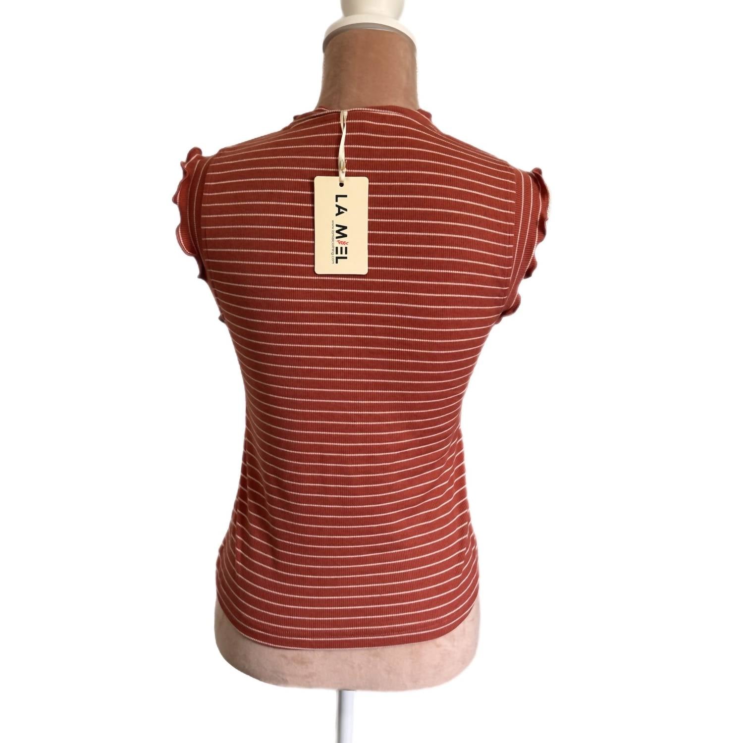 LA MIEL Boho Ribbed Ruffle Trim Striped Tank Top in terracotta rust white stripes - women's tank top - view 5