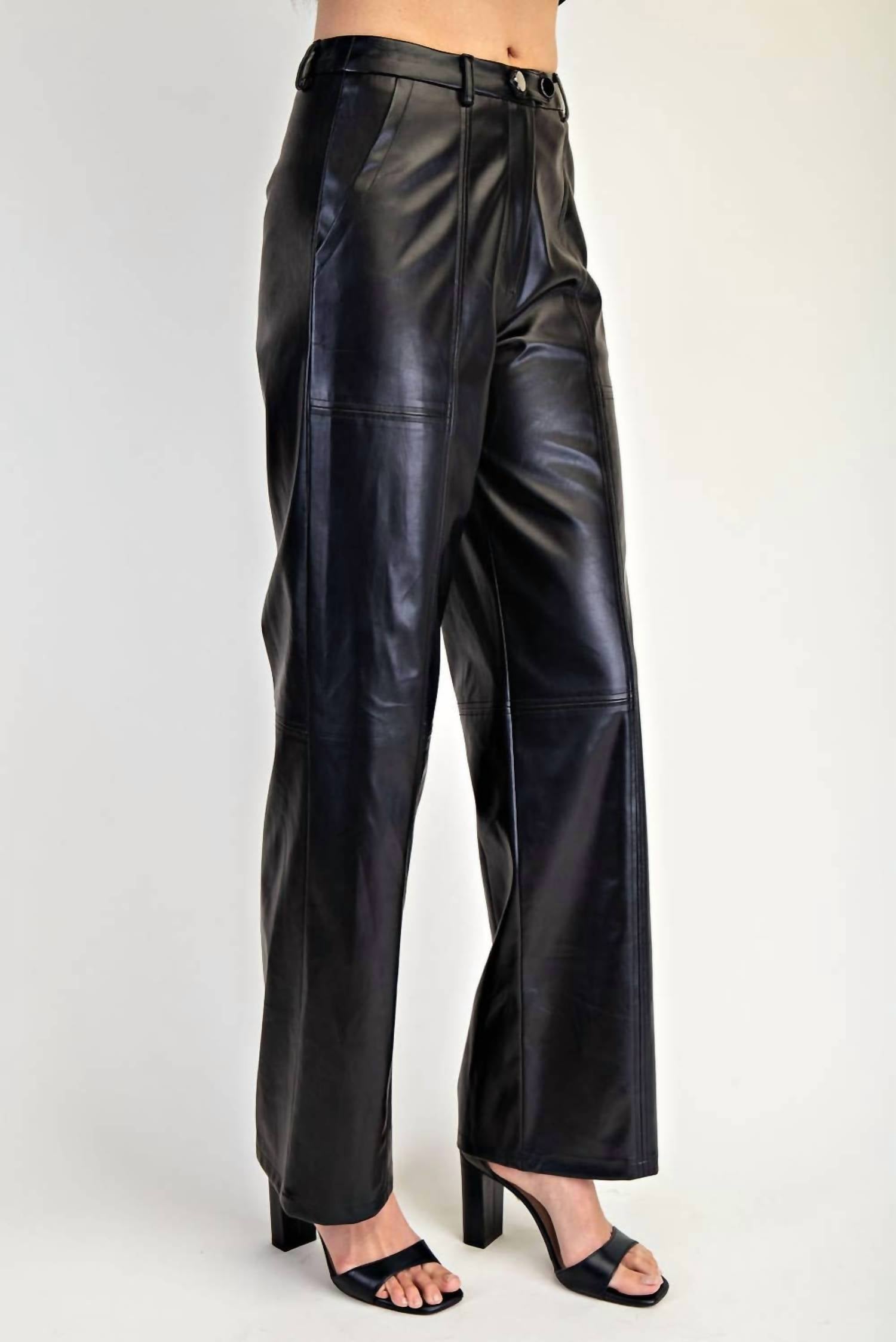 Edit By Nine - Front Snap Button Stretch Faux Leather Pants