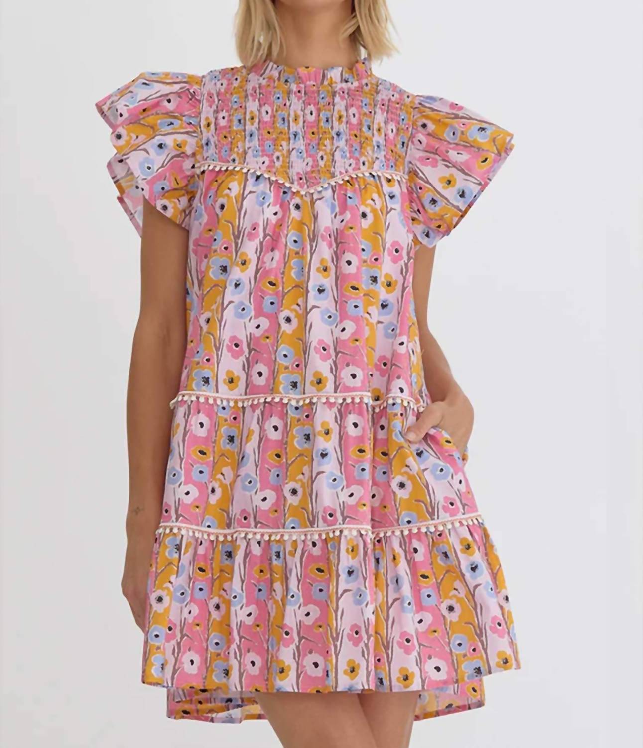 Entro - Watercolor Floral Ruffle Sleeve Mini Dress