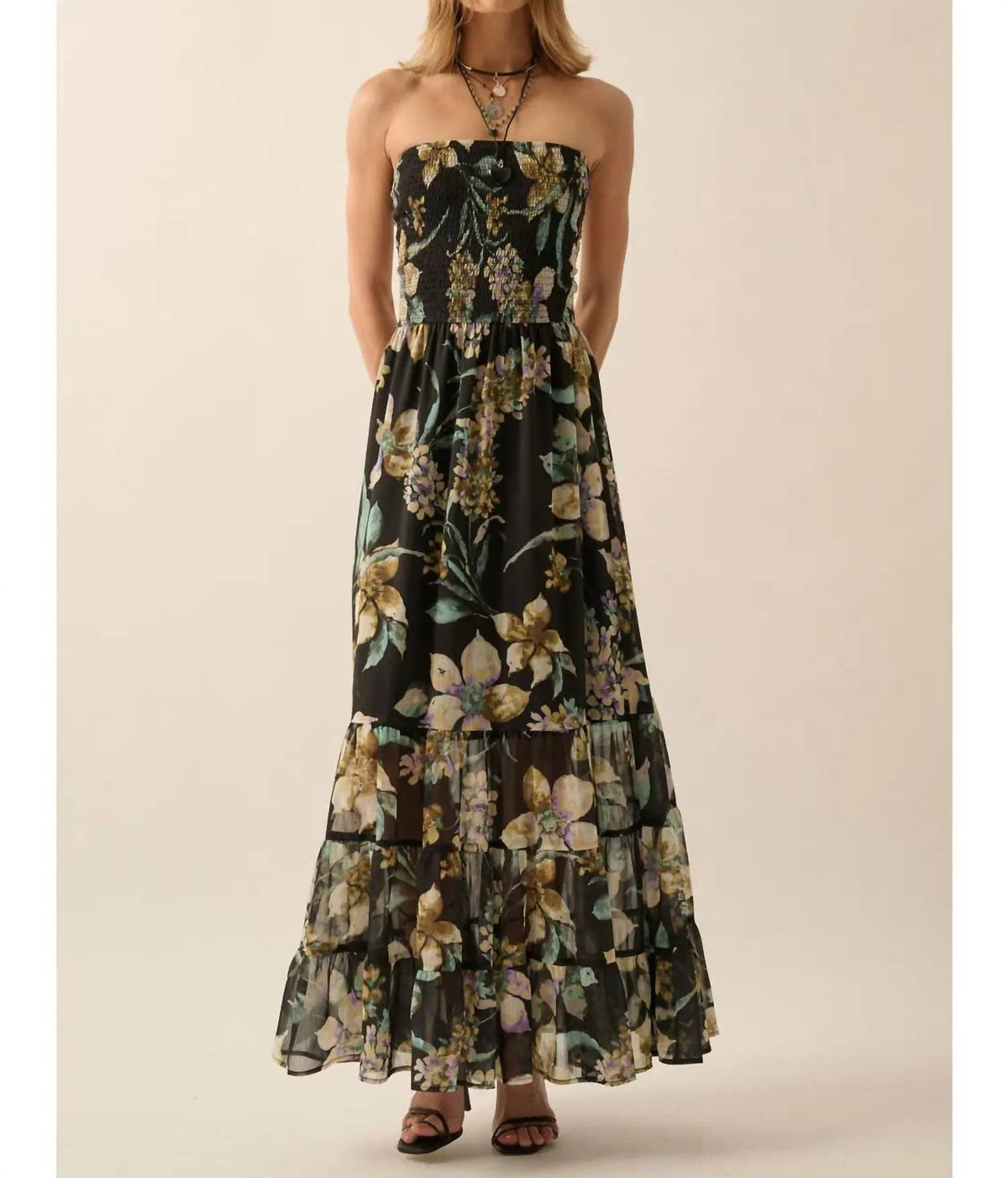 Promesa - Floral Chiffon Smocked Open-back Maxi Dress
