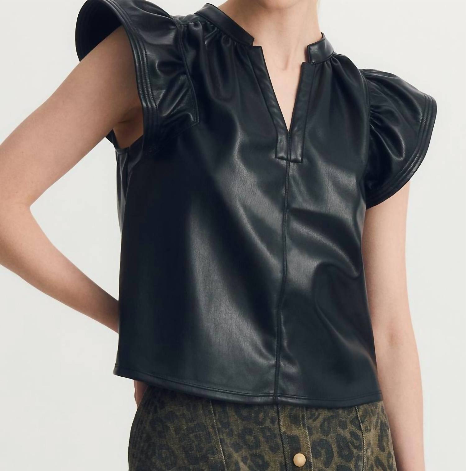 MELISSA NEPTON Faux Leather Venora Top in black - women's blouse - detail view