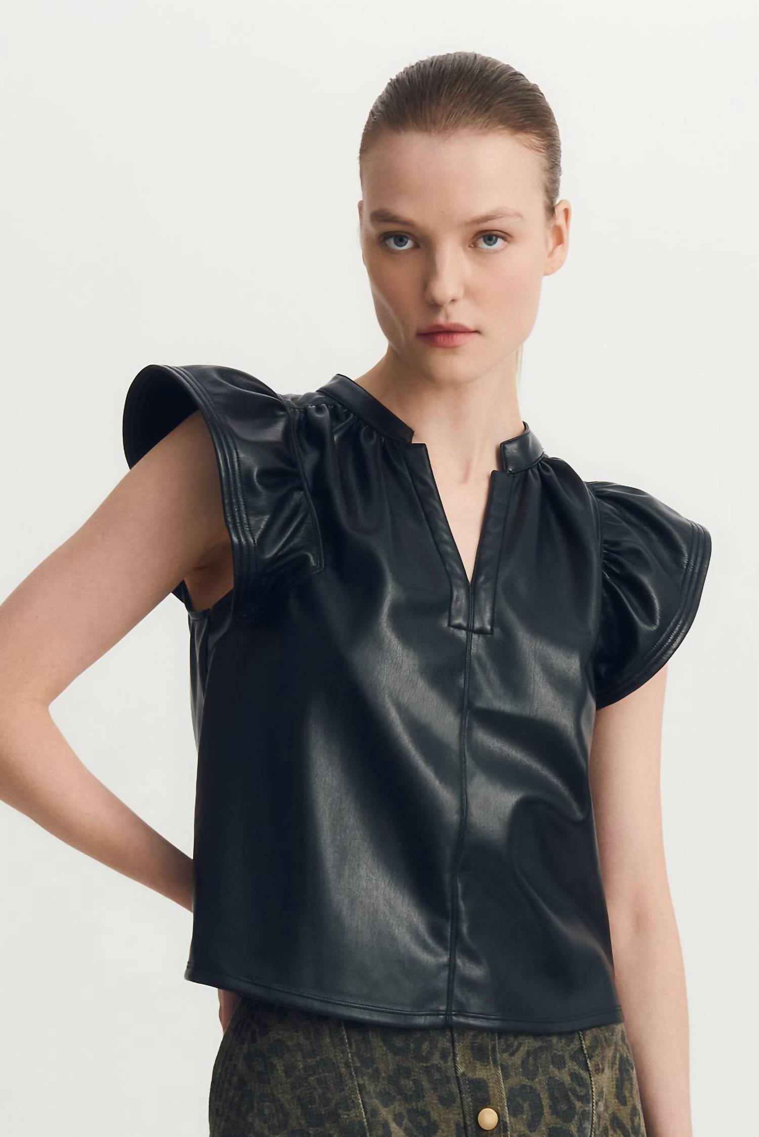 MELISSA NEPTON Faux Leather Venora Top in black - women's blouse - alternate view