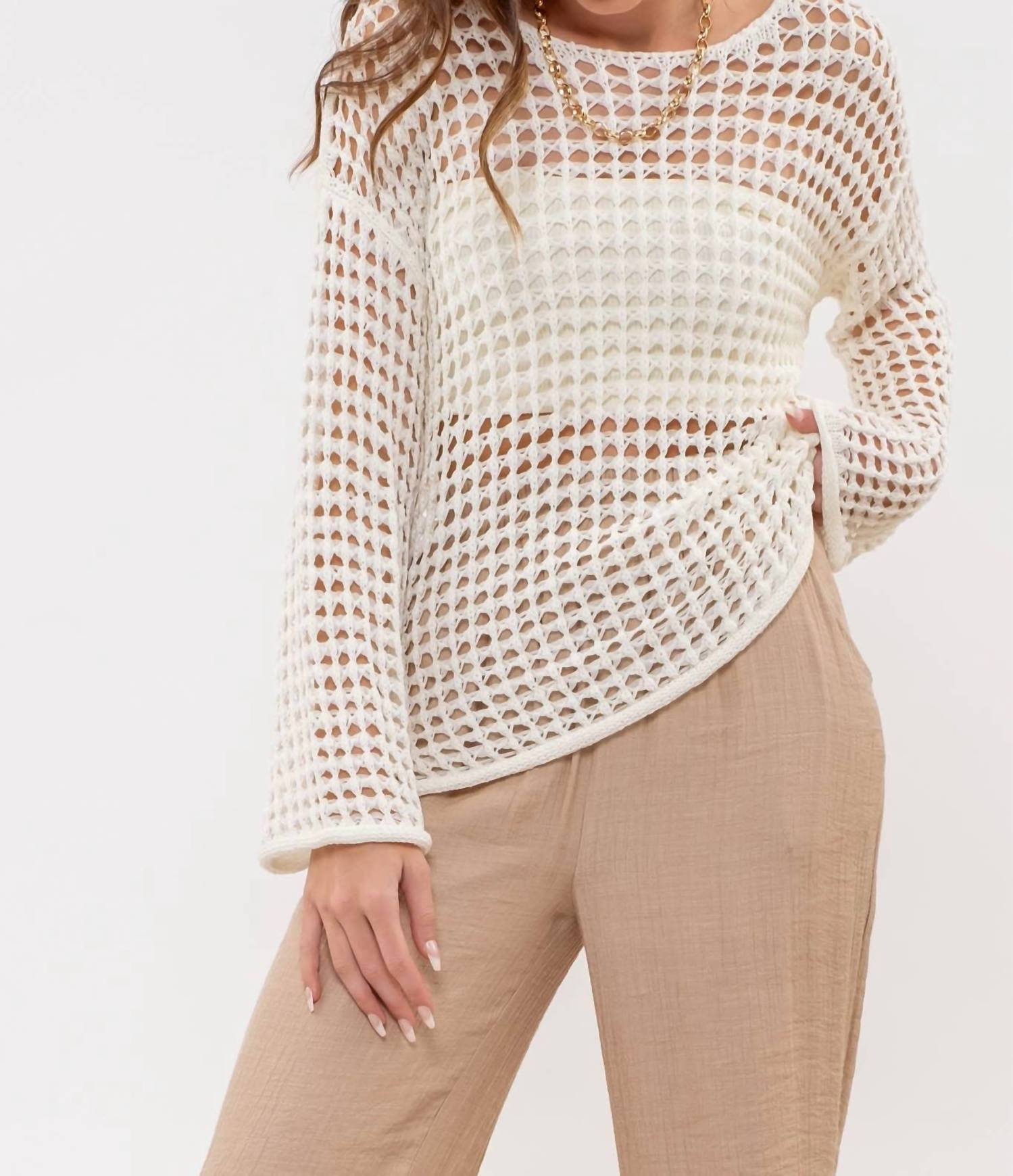 Blu Pepper Coastal Chic Crochet Pullover Sweater in white - women's jacket