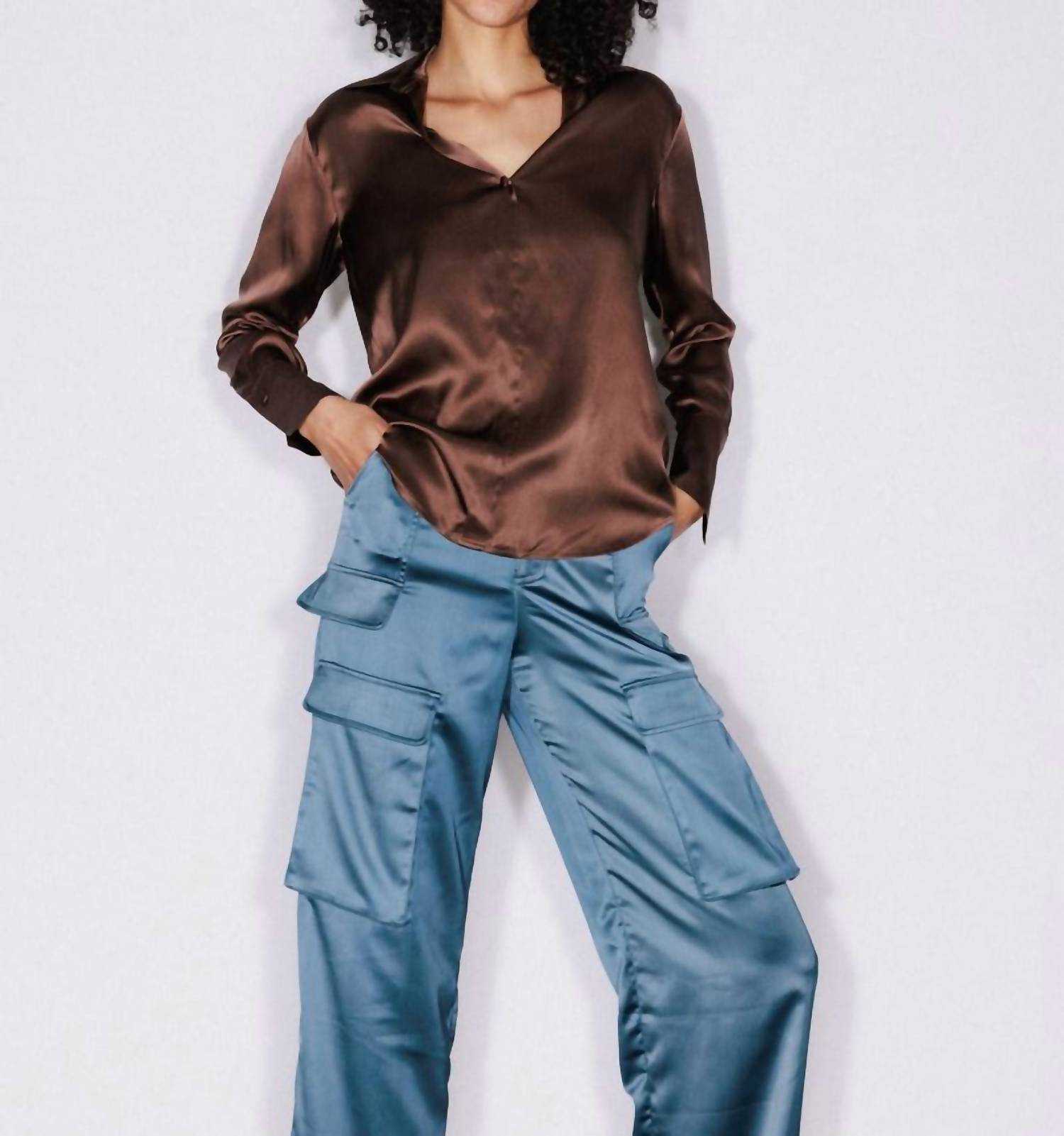 catherine gee Daria French Cuff Silk Blouse in coffee - women's blouse