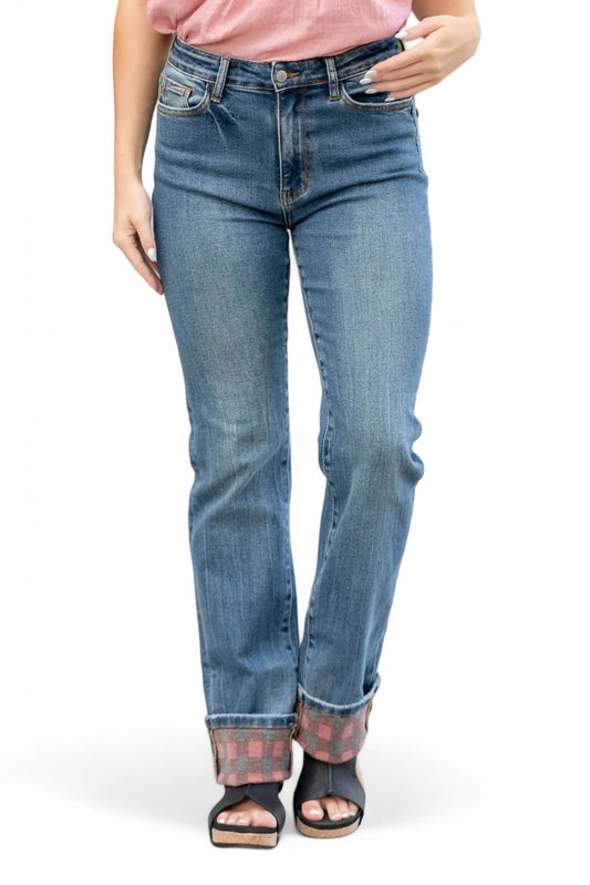 Judy Blue - PLAID CUFF STRAIGHT LEG JEAN