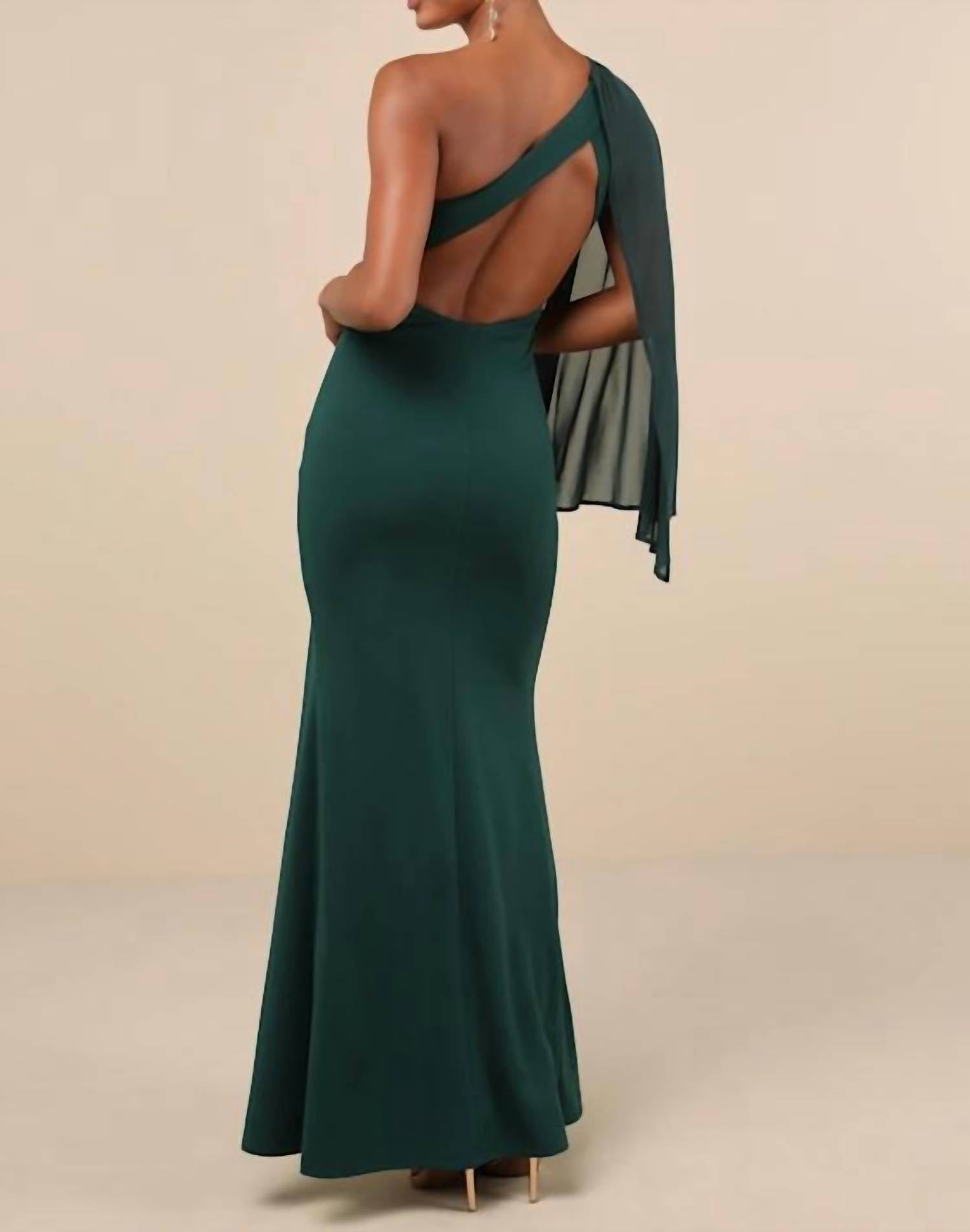 Lulus Majestic Attitude Cape Sleeve One-shoulder Maxi Dress in emerald - women's dress - alternate view