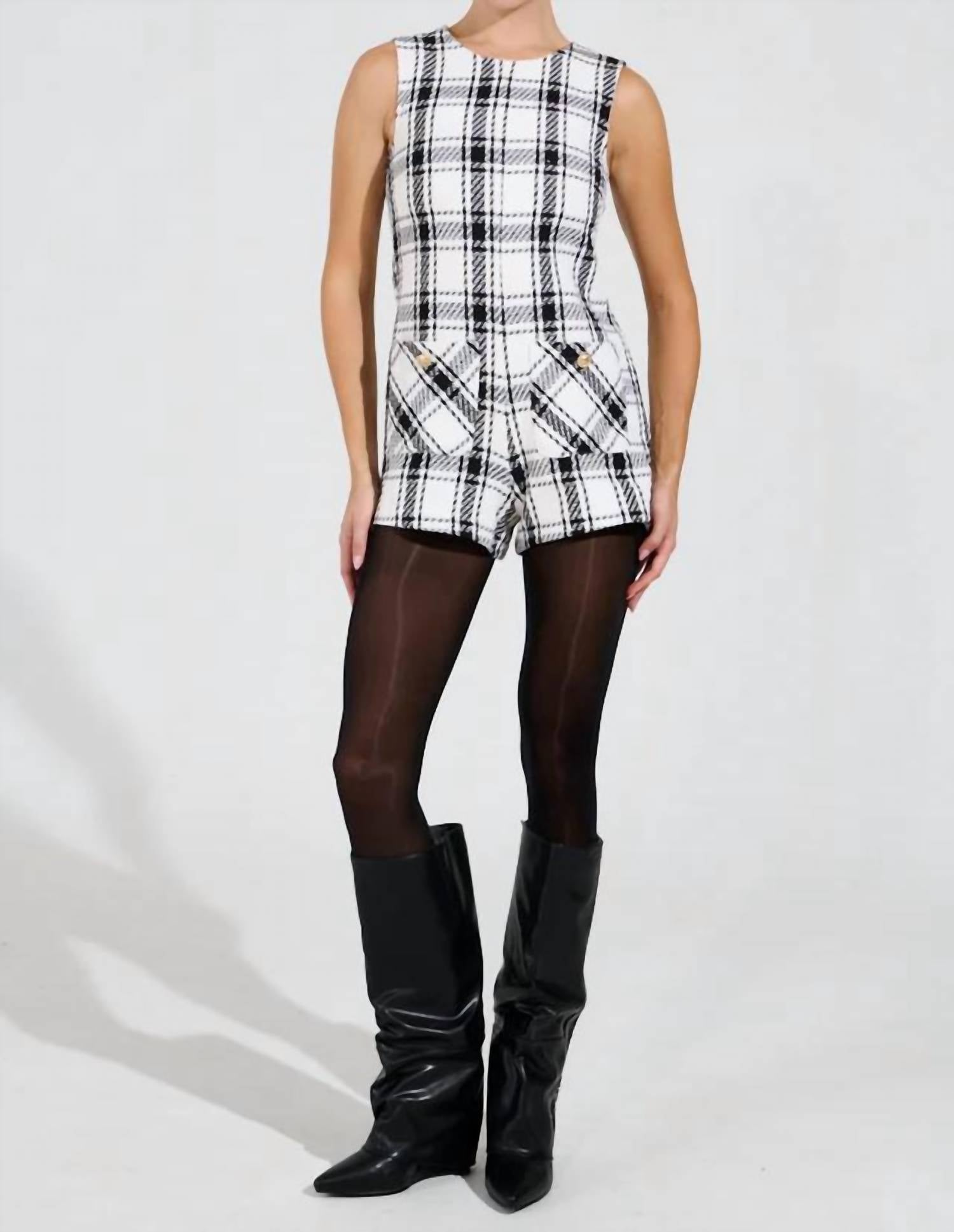 Day + Moon - Sleeveless Round Neck Tweed Romper