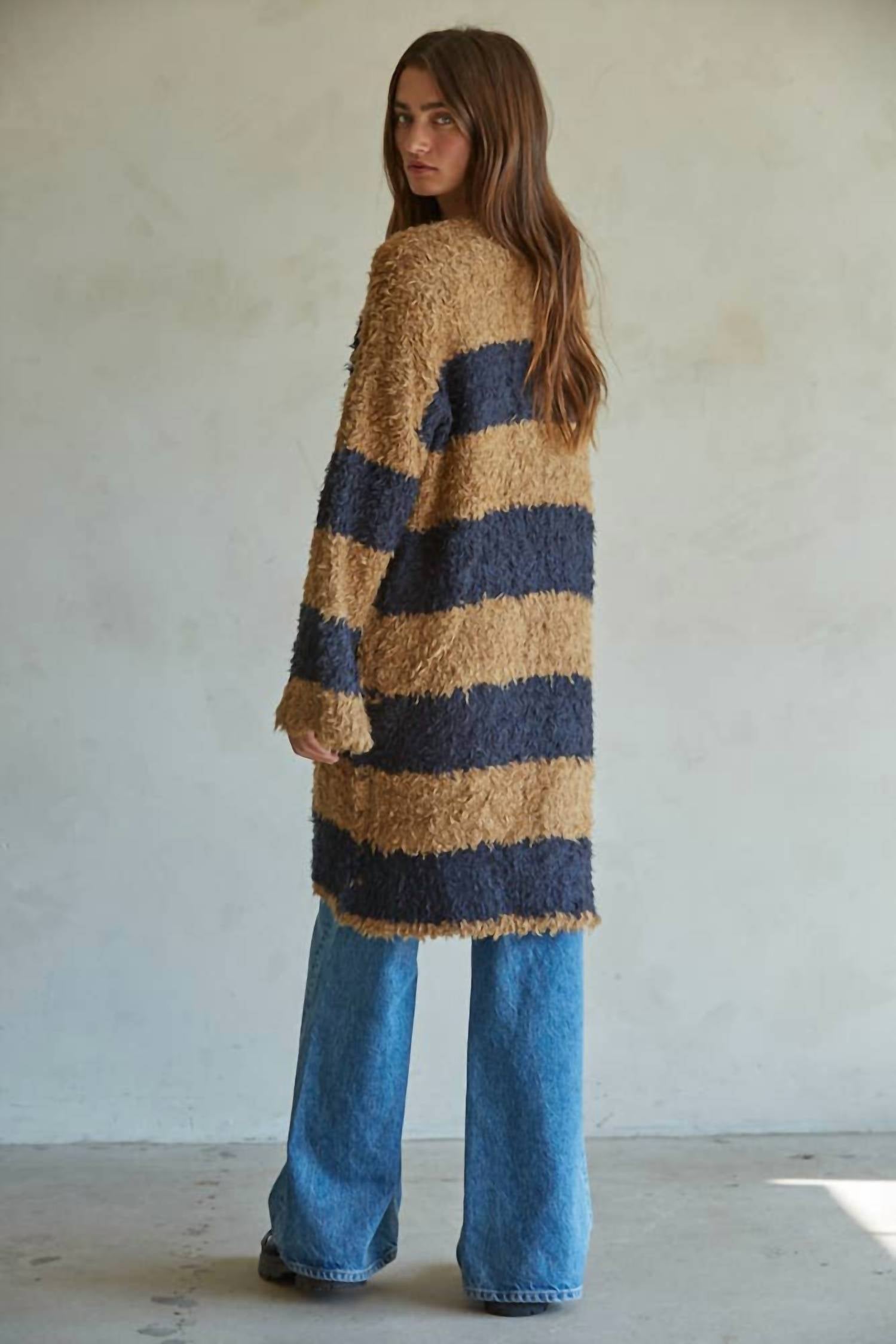 By Together Shira Knit Striped Cardigan in khaki navy - women's cardigan - alternate view