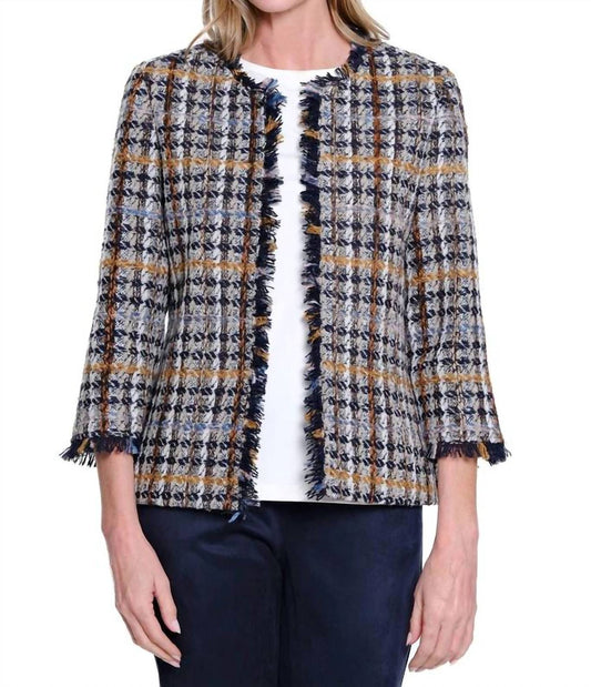 Multiples - Fringe Trim Plaid Jacket