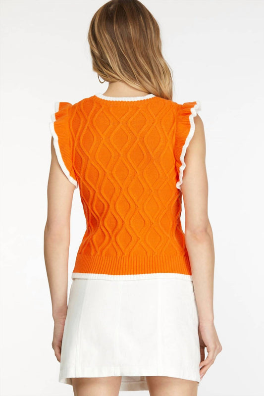 She + Sky - Game Day Ruffle Sleeve Cable Sweater Top With Contrast Edge