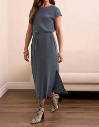 Tribal - Two Toned Crinkle Knit Belted Midi Dress
